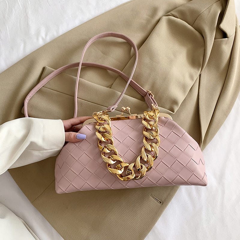 Pink 2022 Trending Woven Purse Ruched Dumpling Pouch Hobo Bag Chain Link Shoulder Handbag Women Chain Cloud Clutch Bag