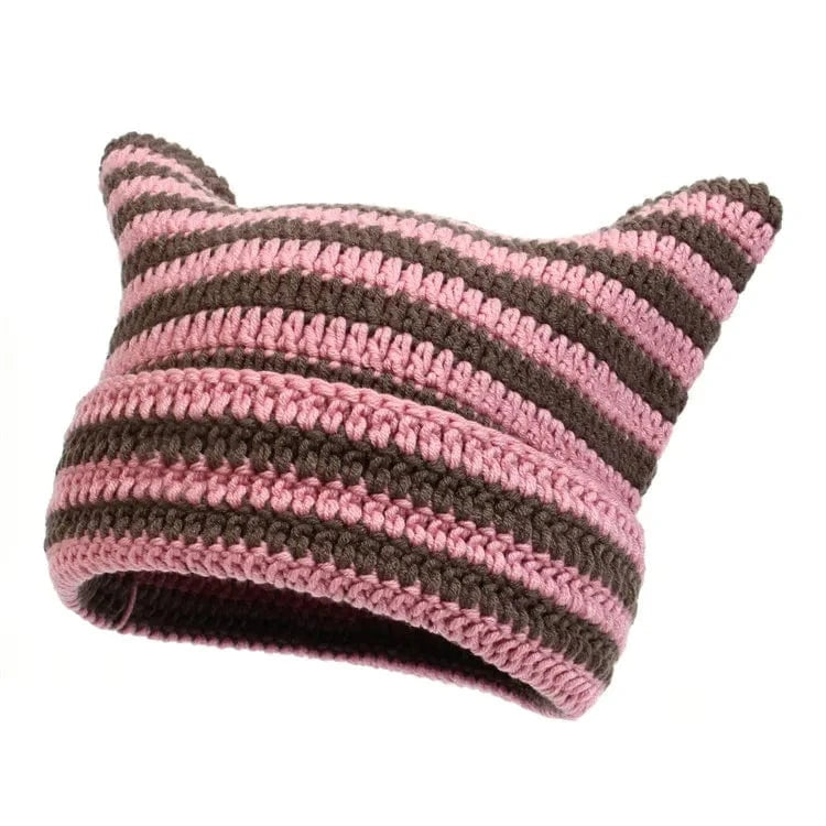 Pink coffee Little Demon Stripe Bonnet Cute Cartoon Cat Ear Knitted Hat Fashion Knit Piglet Cap Autumn Winter Warm Soft Beanies