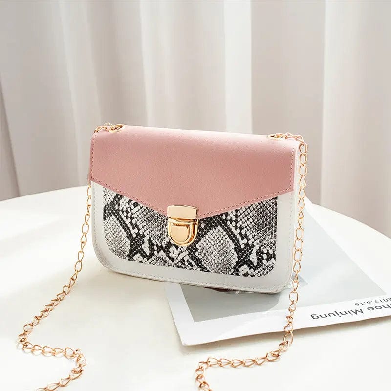 pink G182 Women's Fashionable New Designer Snake Skin PU Leather Mini Shoulder Bag Chain Color Contrast Small Mobile Phone Money Bag
