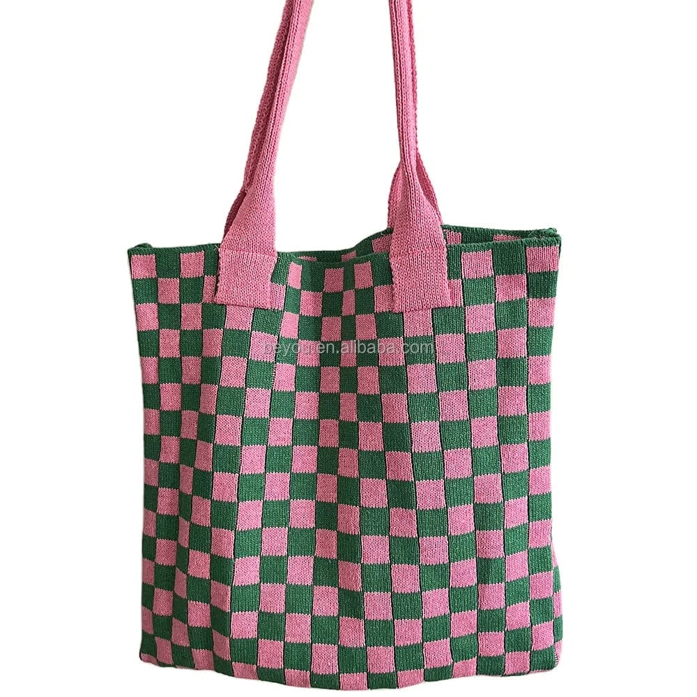 pink green Pink Green Checkerboard Women's Fashion All Season Casual Knit Bag  Checked Plaid Shopping Bags Shoulder Tote Handbags
