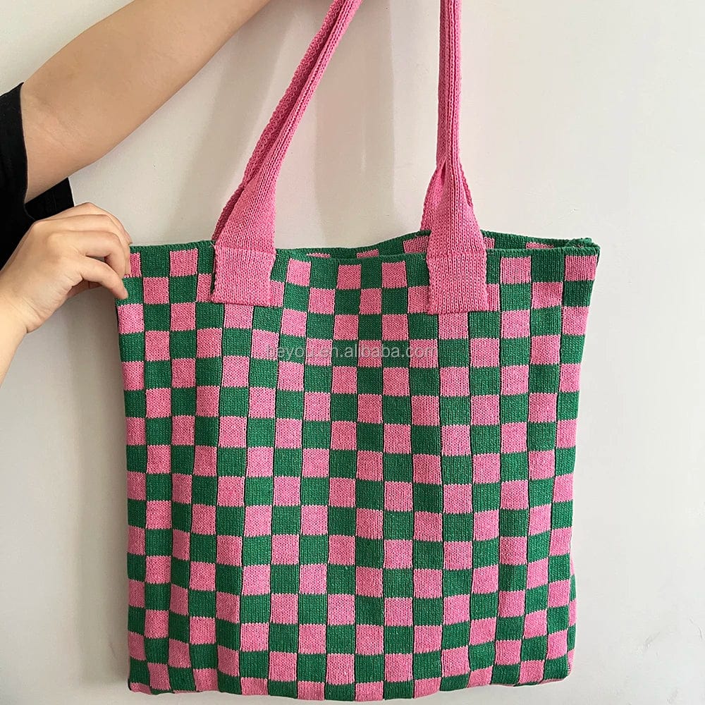 pink green Pink Green Checkerboard Women's Fashion All Season Casual Knit Bag  Checked Plaid Shopping Bags Shoulder Tote Handbags