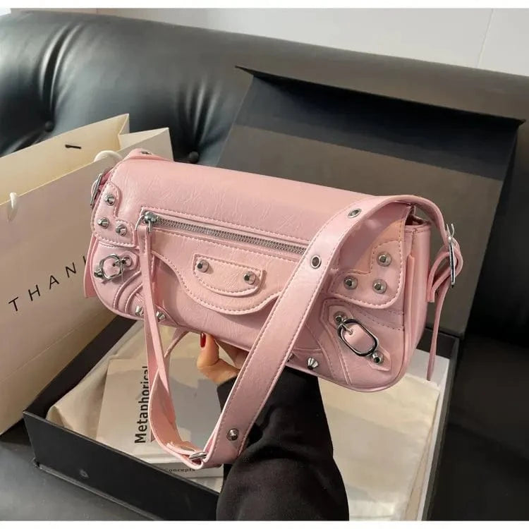 Pink High Street Vintage Handbag Women New Rivet Large Capacity Casual Crossbody Bags Ladies Moto Biker Black Messenger Bag