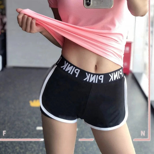 PINK Letters Fake Two-piece Short Pants Plus Size Hip-lifting Tights Running Sports Legging Fitness Yoga Shorts For Womens