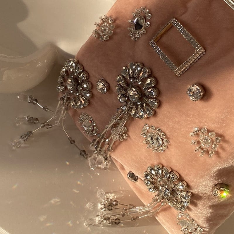 Pink Women Fashion Handmade Diamond Flower Decoration Pink Velvet Bucket Bag Shoulder Messenger Purse For Girls