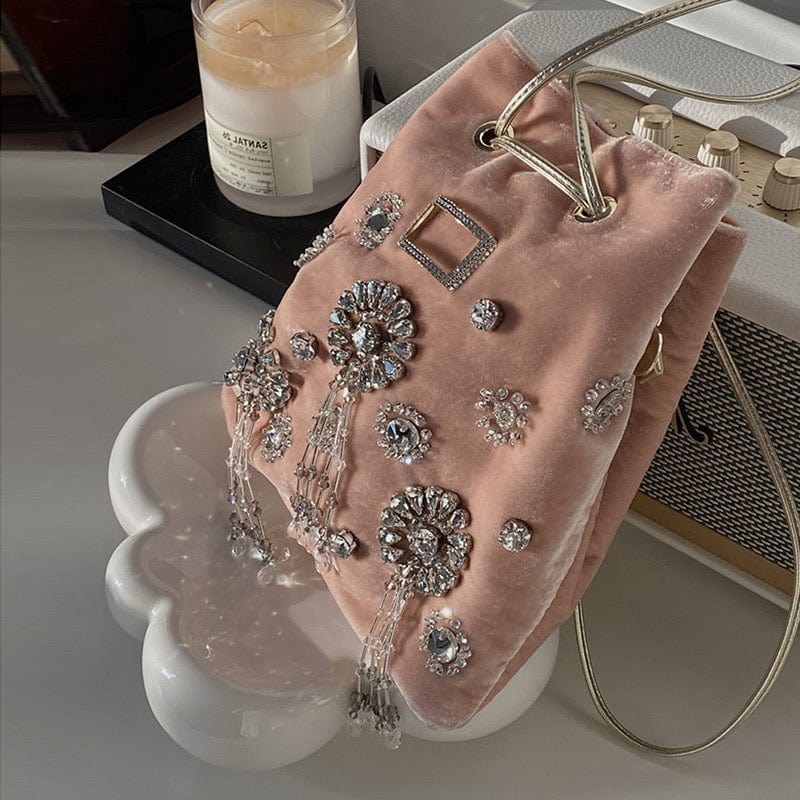 Pink Women Fashion Handmade Diamond Flower Decoration Pink Velvet Bucket Bag Shoulder Messenger Purse For Girls
