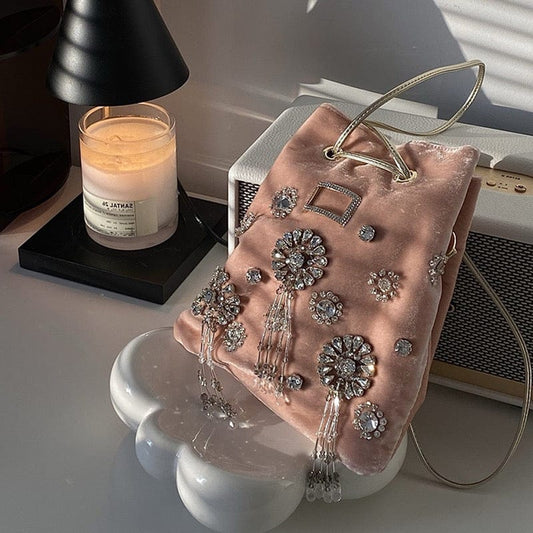Pink Women Fashion Handmade Diamond Flower Decoration Pink Velvet Bucket Bag Shoulder Messenger Purse For Girls