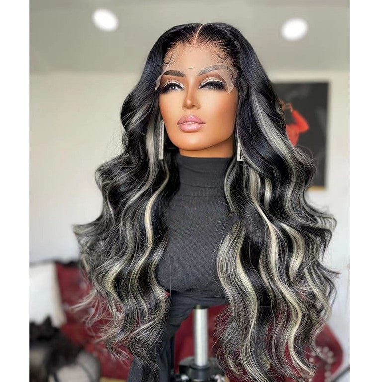 Platinum Blonde Highlight Color Body Wave Virgin Human Hair Lace Front Wigs With Natural Hairline
