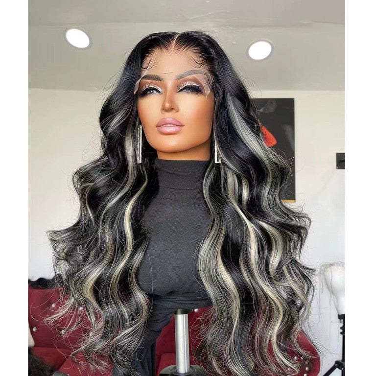 Platinum Blonde Highlight Color Body Wave Virgin Human Hair Lace Front Wigs With Natural Hairline