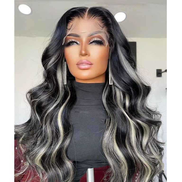 Platinum Blonde Highlight Color Body Wave Virgin Human Hair Lace Front Wigs With Natural Hairline