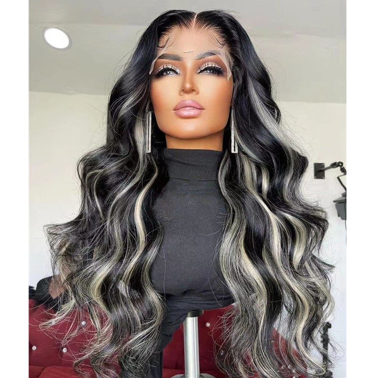 Platinum Blonde Highlight Color Body Wave Virgin Human Hair Lace Front Wigs With Natural Hairline