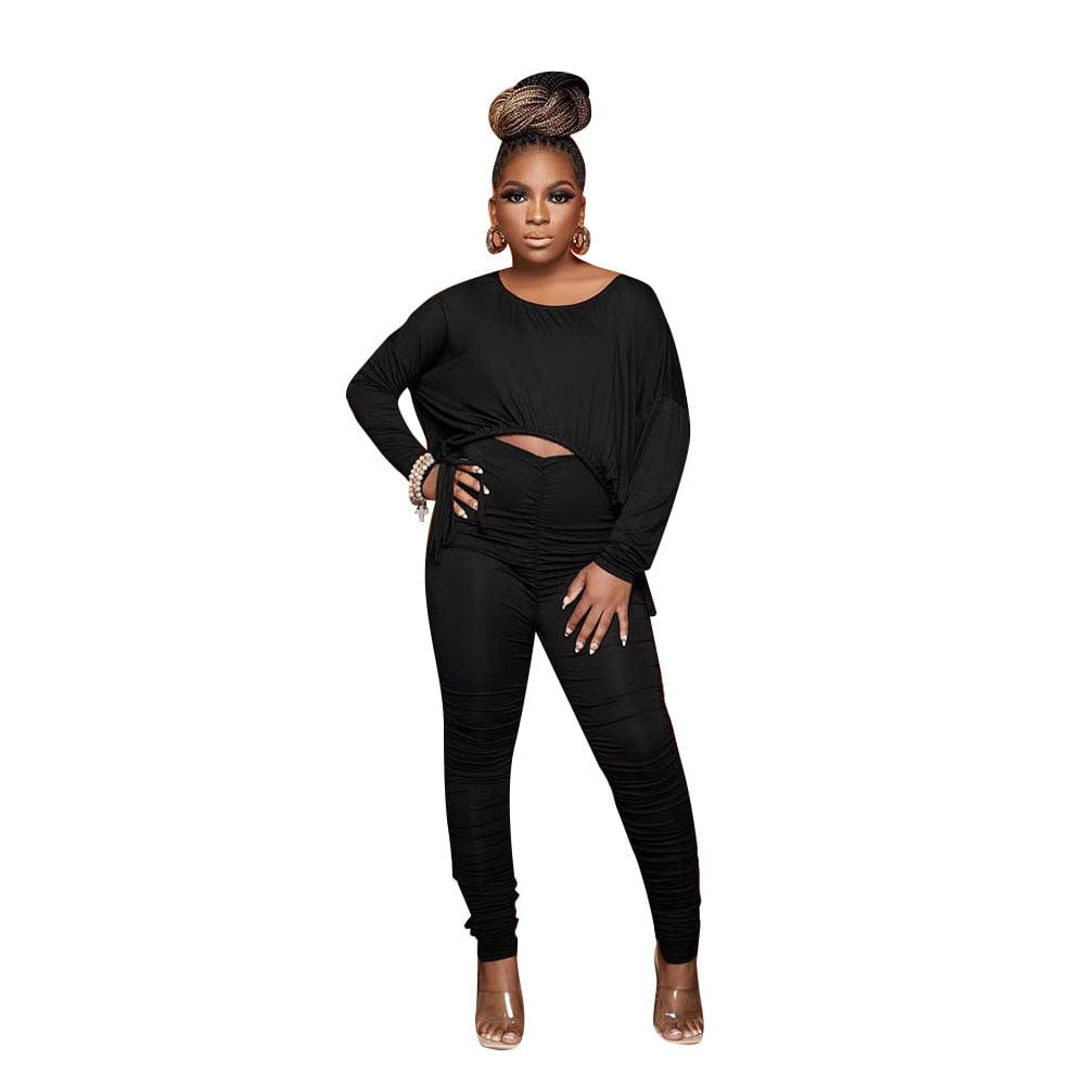 pls contact us to get better price / black C1101TA92 Latest Casual Solid Color Irregular Crop Top Pleated Two Piece Pants Set Women Sehe Fashion