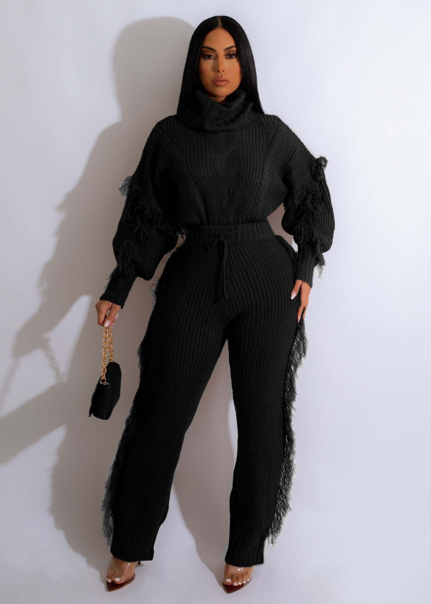 pls contact us to get better price / black C1103TA73 High Quality Casual Solid Color Turtleneck Knitted Tassel 2 Piece Pants Set Women Sehe Fashion