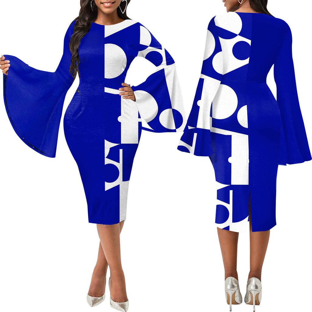 pls contact us to get better price / Blue C1103TA32 African Popular Office Multicolor Print Flare Sleeve Bodycon Pencil Dress Women Sehe Fashion