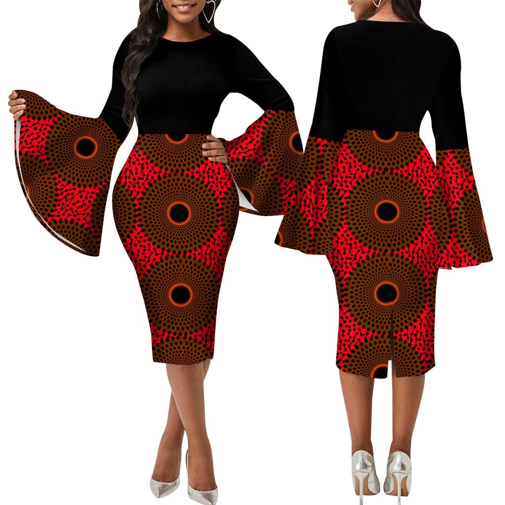 pls contact us to get better price / Brown C1103TA32 African Popular Office Multicolor Print Flare Sleeve Bodycon Pencil Dress Women Sehe Fashion