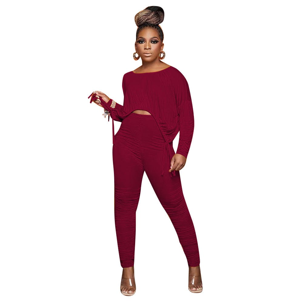 pls contact us to get better price / Burgundy C1101TA92 Latest Casual Solid Color Irregular Crop Top Pleated Two Piece Pants Set Women Sehe Fashion