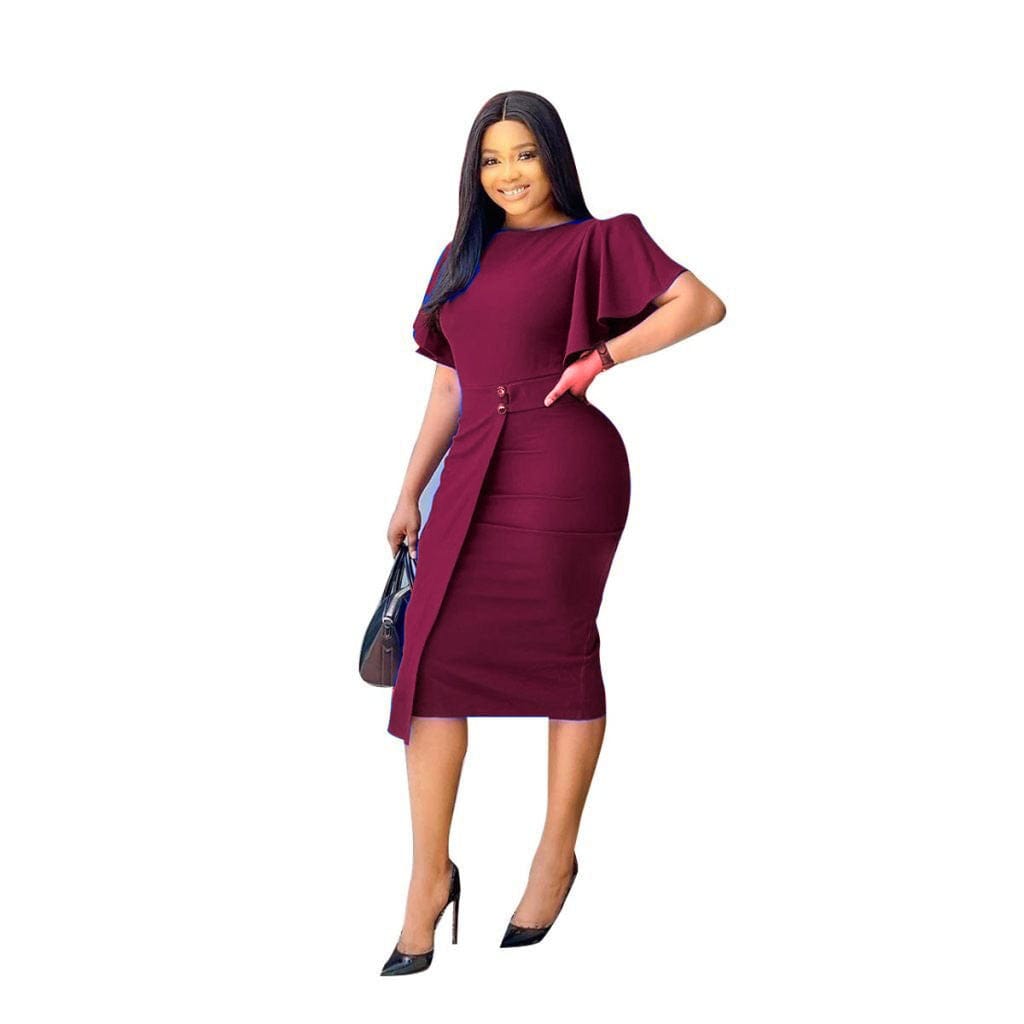 pls contact us to get better price / Burgundy C1102ME76 New Arrival Casual Solid Color Ruffles Sleeve Spliced Bodycon Office Dress Women Sehe Fashion