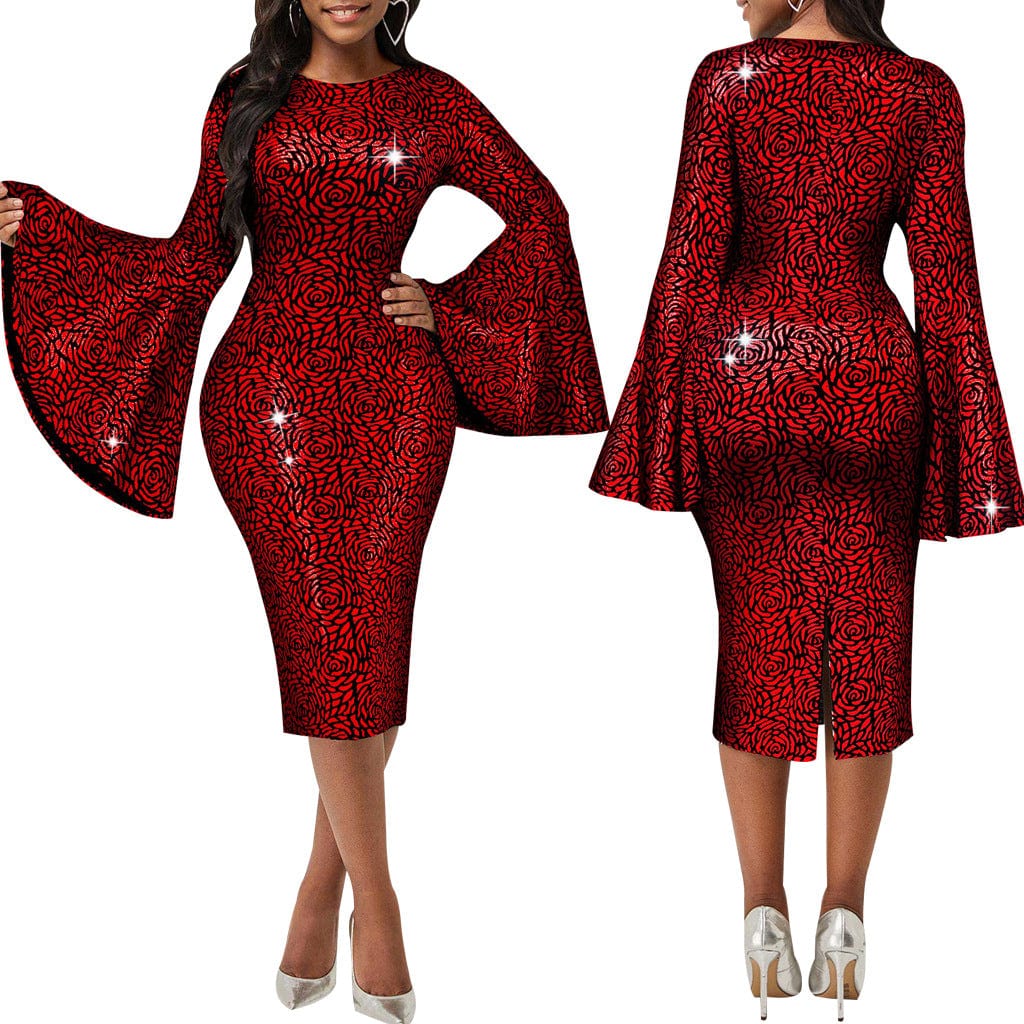 pls contact us to get better price / Burgundy C1103TA32 African Popular Office Multicolor Print Flare Sleeve Bodycon Pencil Dress Women Sehe Fashion