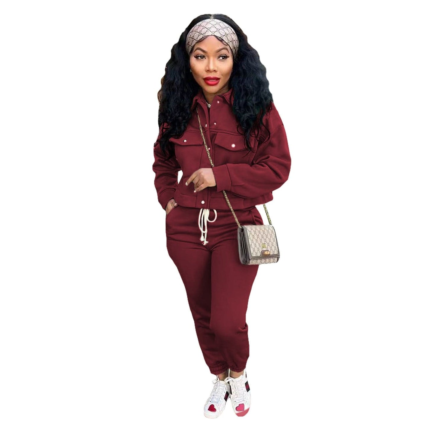 pls contact us to get better price / Burgundy C1103TA85 New Design Casual Solid Color Autumn Two Piece Pants Set Women Sehe Fashion