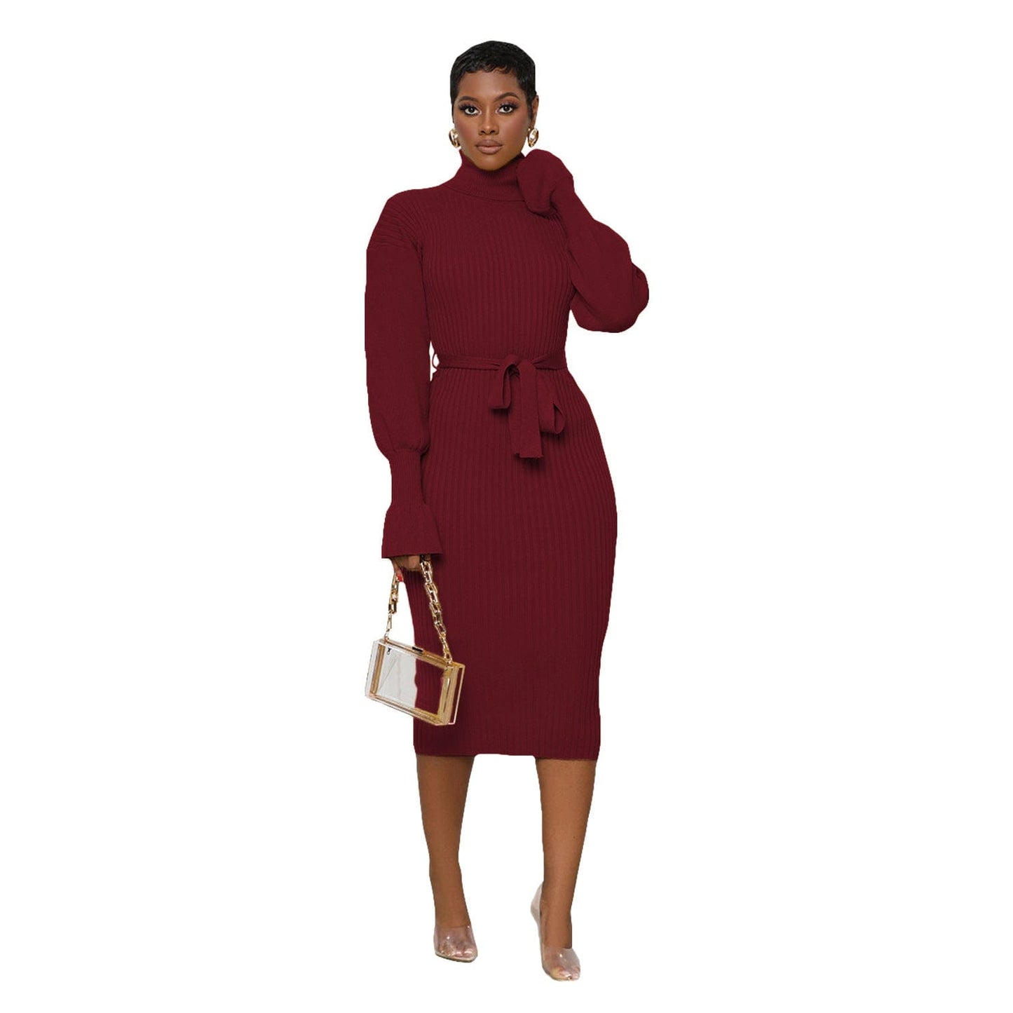 pls contact us to get better price / Burgundy C1103TA87 Wholesale Casual Solid Color Stand Collar Knitted Bodycon Dress Women Sehe Fashion