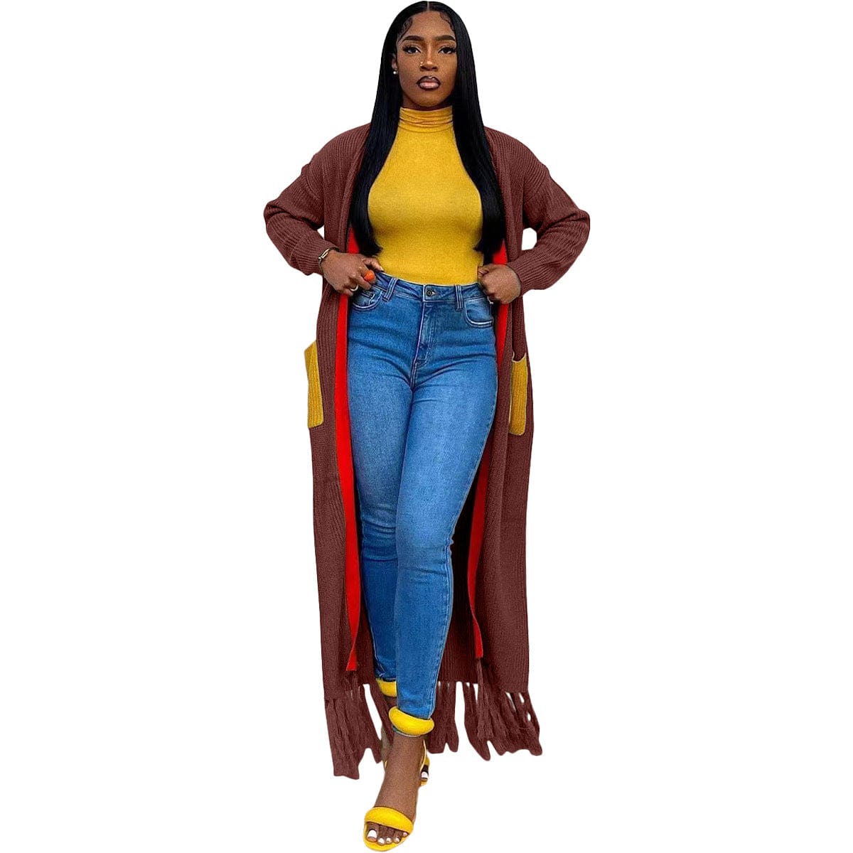 pls contact us to get better price / Coffee C1102TA37 Dropshipping Casual Solid Color Tassel Long Cardigans For Women Sehe Fashion