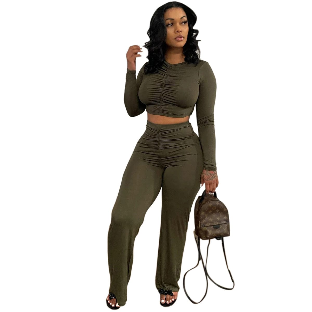 pls contact us to get better price / Dark Gray C1103TA97 Autumn Stylish Casual Solid Color Pleated Crop Top Bodycon 2 Piece Set Women Sehe Fashion
