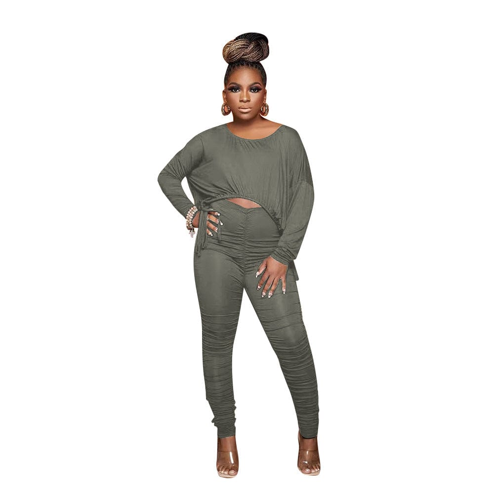 pls contact us to get better price / Gray C1101TA92 Latest Casual Solid Color Irregular Crop Top Pleated Two Piece Pants Set Women Sehe Fashion