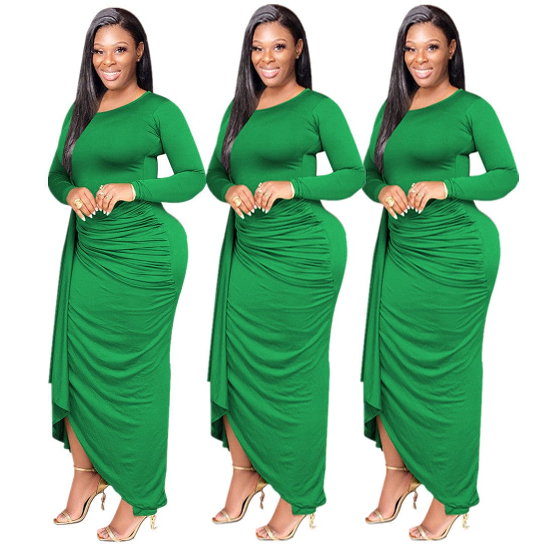 pls contact us to get better price / green C1102TA33 New Arrival Casual Solid Color Pleated Spliced Bodycon Long Dress Women Sehe Fashion