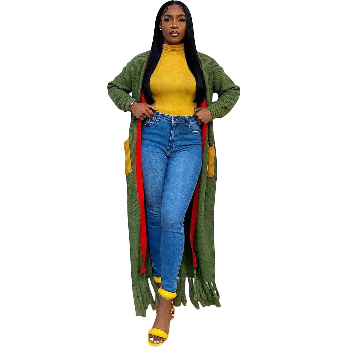 pls contact us to get better price / green C1102TA37 Dropshipping Casual Solid Color Tassel Long Cardigans For Women Sehe Fashion
