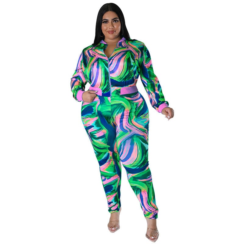 pls contact us to get better price / green C1103ME45 Plus Size Casual Tie Dye Zipper Slim Sport 2 Piece Pants Set Women Sehe Fashion