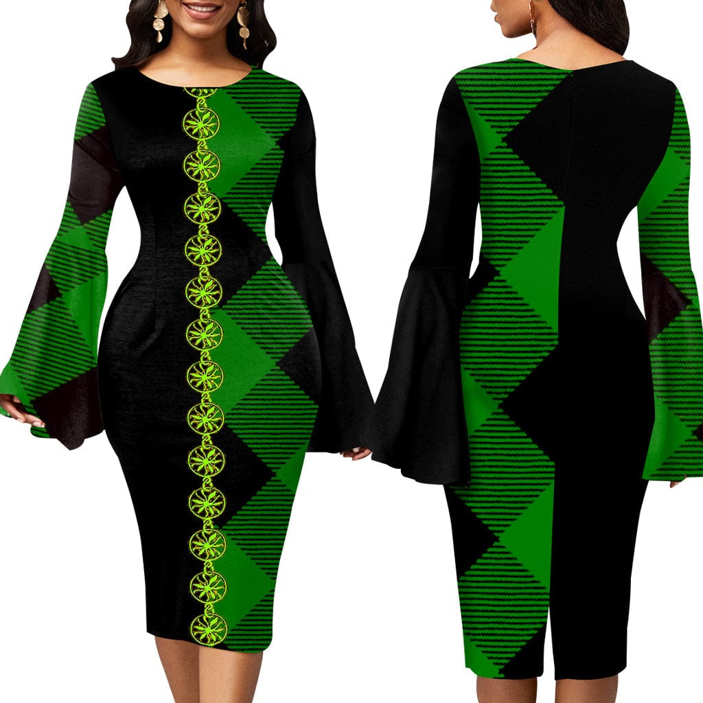 pls contact us to get better price / green C1103TA32 African Popular Office Multicolor Print Flare Sleeve Bodycon Pencil Dress Women Sehe Fashion