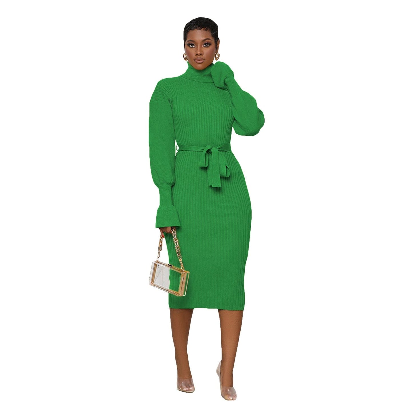 pls contact us to get better price / green C1103TA87 Wholesale Casual Solid Color Stand Collar Knitted Bodycon Dress Women Sehe Fashion