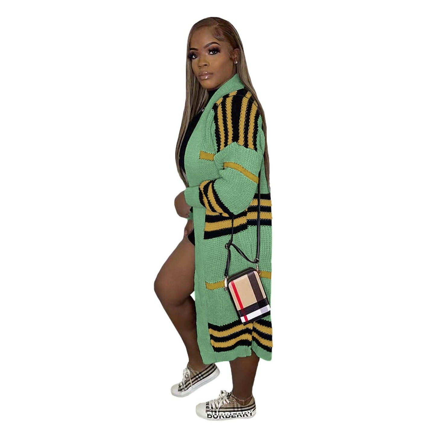 pls contact us to get better price / green C1103TA90 Wholesale Autumn Contrast Color Striped Print Knitted Long Cardigans Women Sehe Fashion