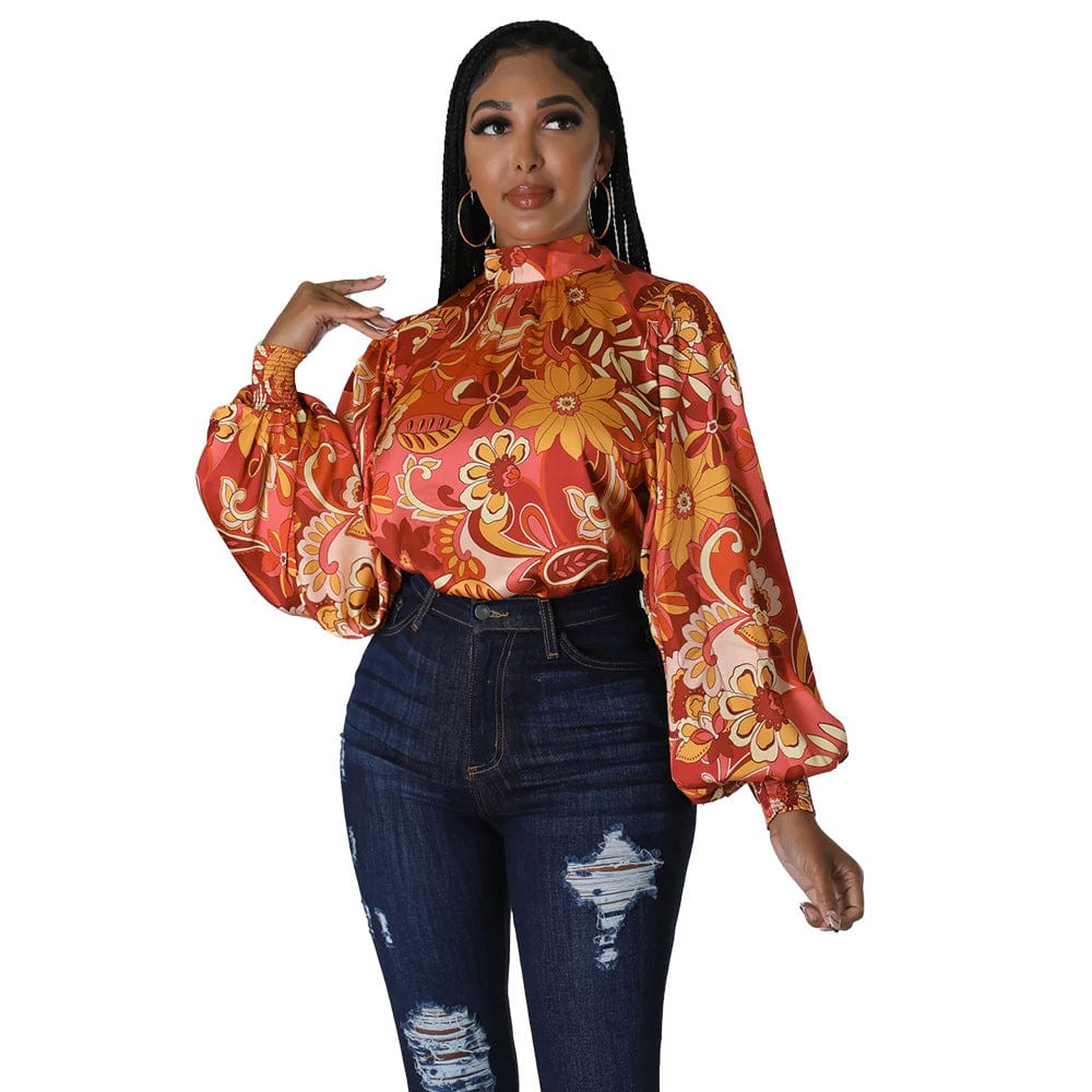 pls contact us to get better price / Orange C1102TA97 Street Style Casual Turtleneck Floral Print Puff Sleeve Blouses For Women Sehe Fashion