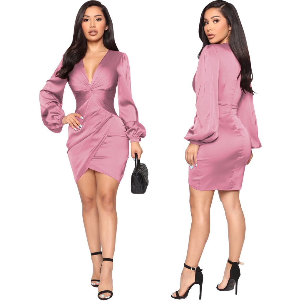 pls contact us to get better price / Pink C1103TA23 New Arrival Casual Solid Color V Neck Irregular Bodycon Office Dress Women Sehe Fashion
