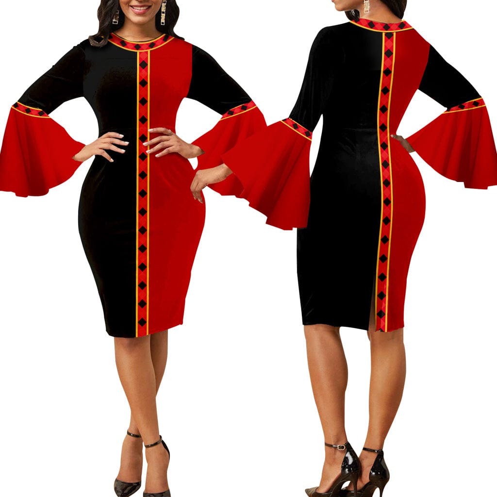 pls contact us to get better price / Red Black C1103TA32 African Popular Office Multicolor Print Flare Sleeve Bodycon Pencil Dress Women Sehe Fashion