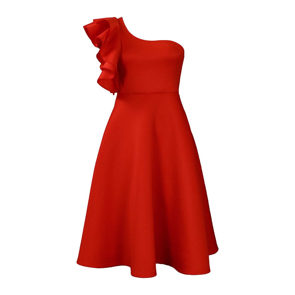 pls contact us to get better price / Red C1102ME72 Dropshipping Elegant One Shoulder Ruffles Solid Color A-Line Dress Women Sehe Fashion