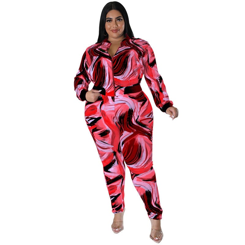 pls contact us to get better price / Red C1103ME45 Plus Size Casual Tie Dye Zipper Slim Sport 2 Piece Pants Set Women Sehe Fashion