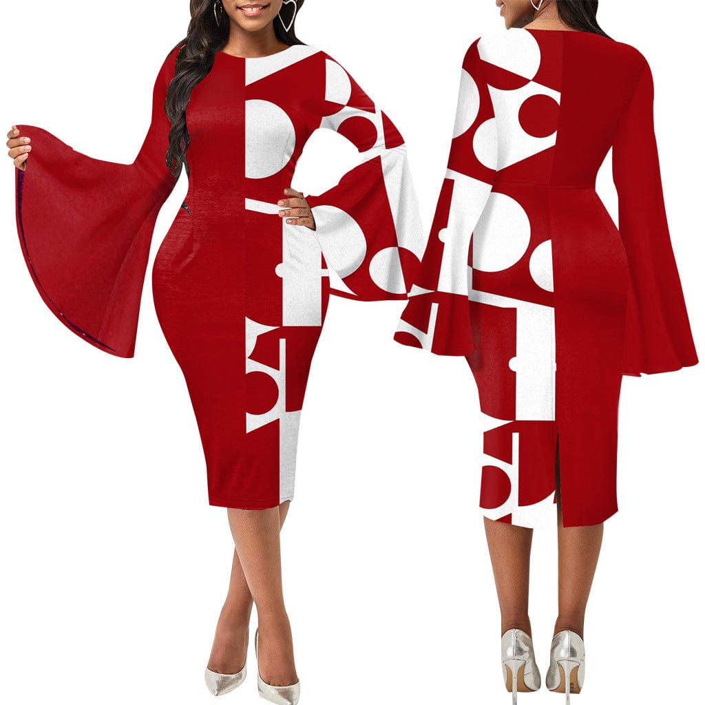 pls contact us to get better price / Red C1103TA32 African Popular Office Multicolor Print Flare Sleeve Bodycon Pencil Dress Women Sehe Fashion