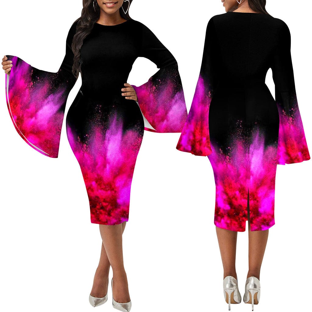 pls contact us to get better price / Tie Dye C1103TA32 African Popular Office Multicolor Print Flare Sleeve Bodycon Pencil Dress Women Sehe Fashion