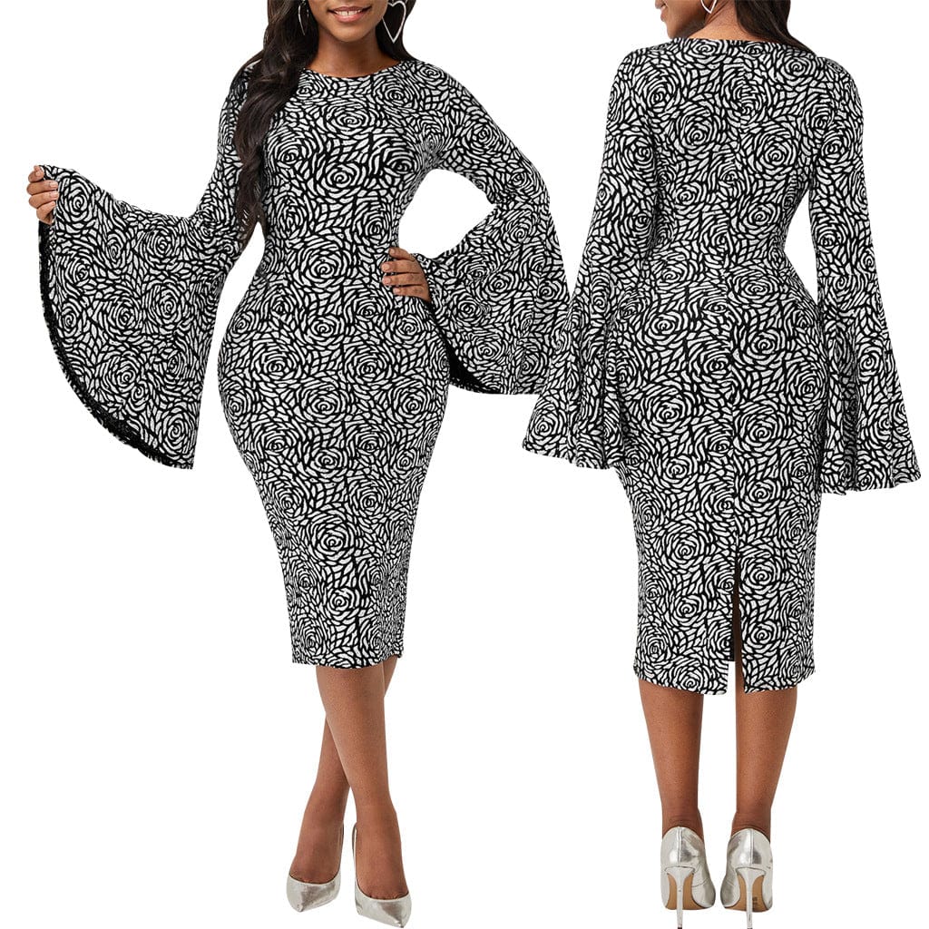 pls contact us to get better price / White C1103TA32 African Popular Office Multicolor Print Flare Sleeve Bodycon Pencil Dress Women Sehe Fashion