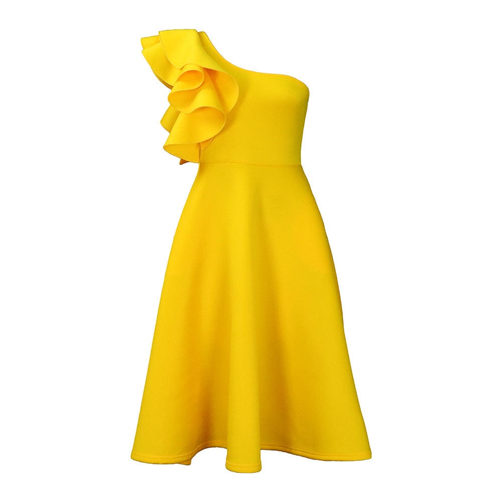 pls contact us to get better price / Yellow C1102ME72 Dropshipping Elegant One Shoulder Ruffles Solid Color A-Line Dress Women Sehe Fashion