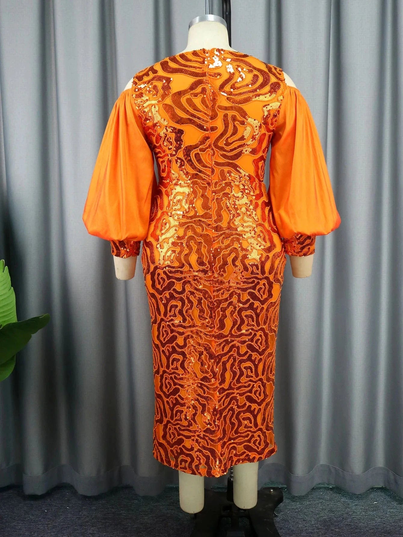 Plus Lantern Sleeves Cold Shoulder Slim Sequin Cocktail Dress Women