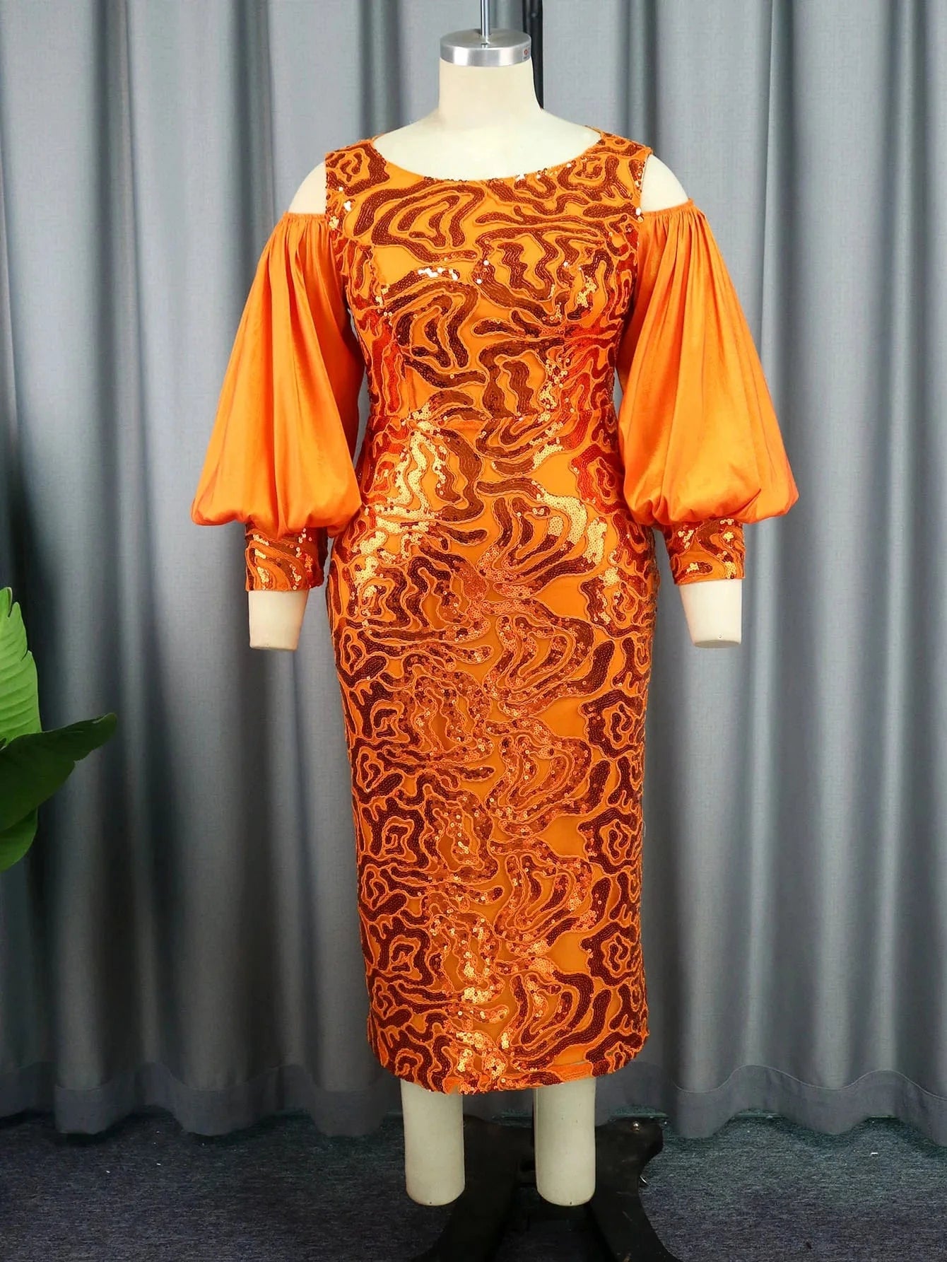 Plus Lantern Sleeves Cold Shoulder Slim Sequin Cocktail Dress Women