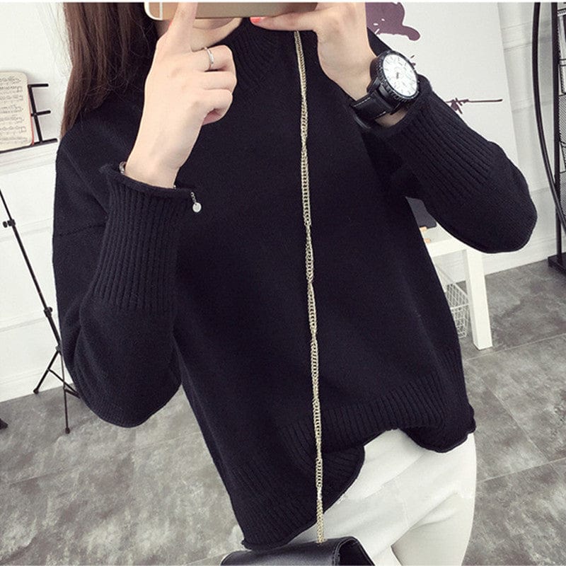Plus Size / black 2022 Fall Winter New Half High Neck Pullover Sweater Female Korean Version Loose Wild Pure Color Knit Base Shirt