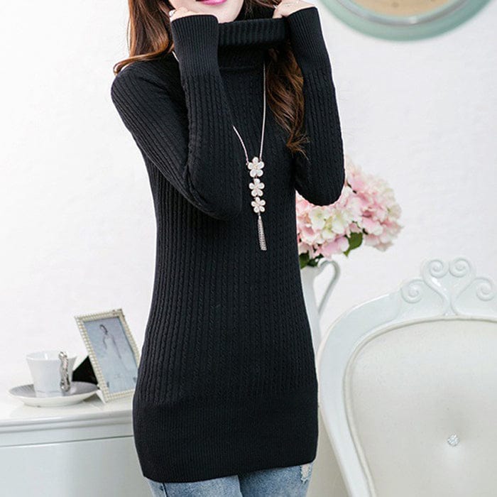 Plus Size / black Hot Sale Korean Style Turn-Down Collar Sexy Women Cable Knitted Long Sweater