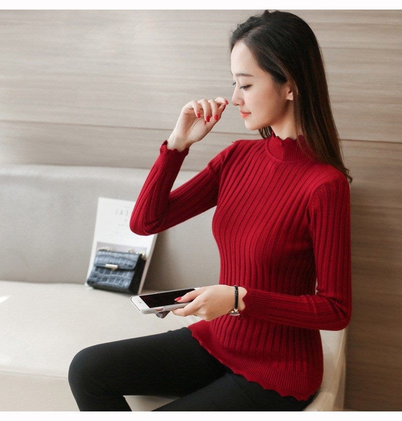 Plus Size / Burgundy Hot Sale Korean Style High Neck Slim Fit Girls Spring Thin Sweater