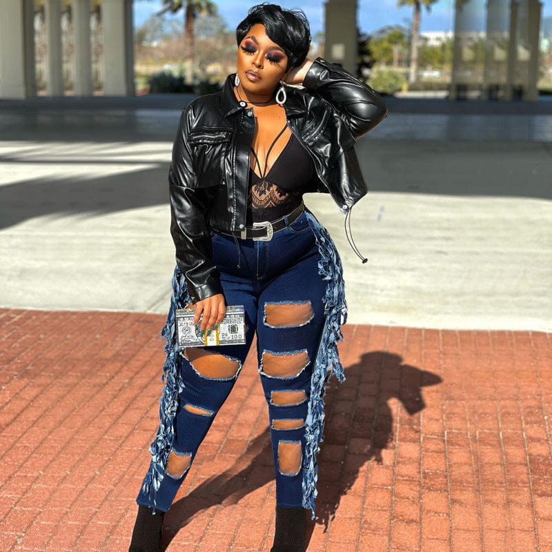 Plus Size Clothing Pierced Tassels Trend Large Breathable Jeans 2022 Womens Jeans Pants