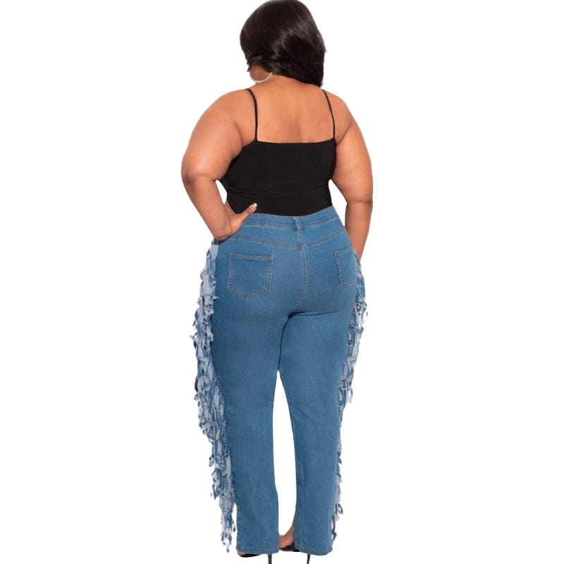 Plus Size Clothing Pierced Tassels Trend Large Breathable Jeans 2022 Womens Jeans Pants