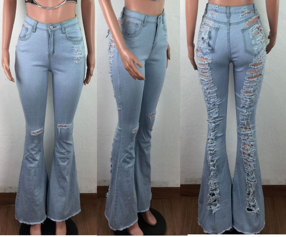 plus size fashion flare trend bell bottom distressed denim ripped jean women