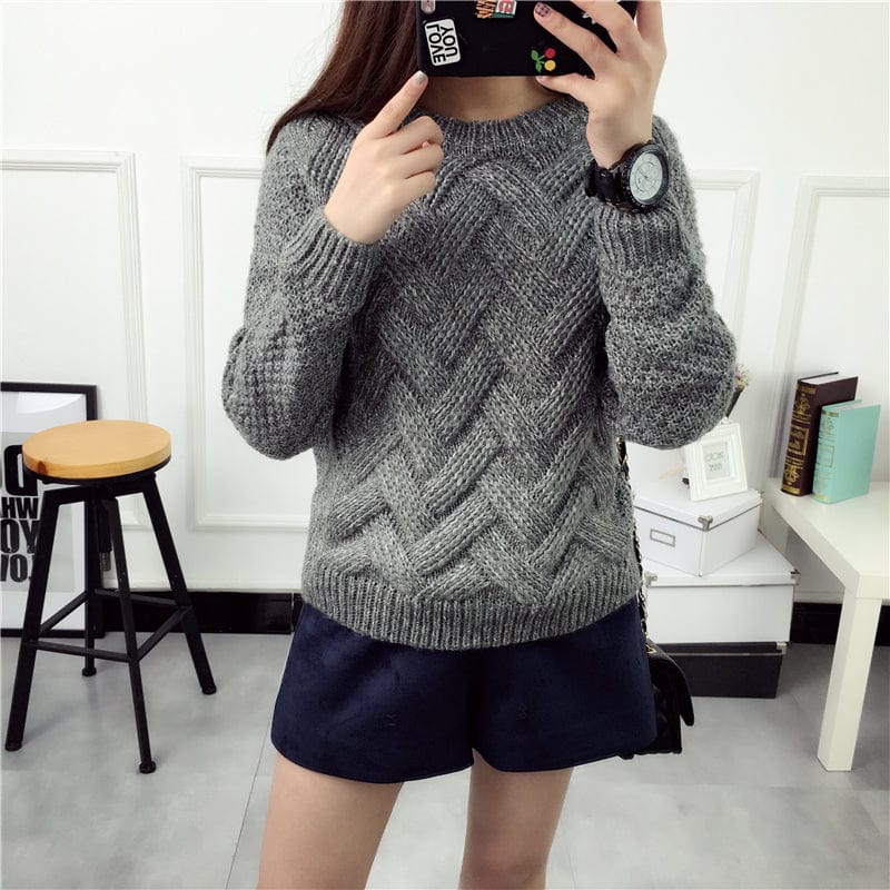 Plus Size / Gray Hot Sale Fashionable Pink Lady Crew Neck Autumn Winter Thick Cable Knitted Cheap Women Sweater